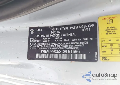 2012 BMW 128I z USA, uszkodzony, nr VIN WBAUP9C52CVL91696